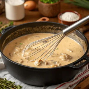 A Dutch oven with a roux being mixed with broth and milk.