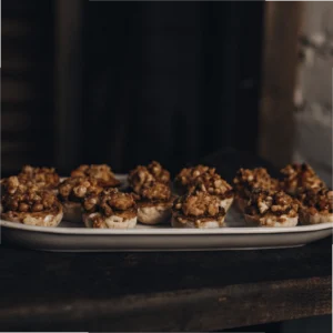 A plate of bite-sized caramel corn rice cakes ready to serve.