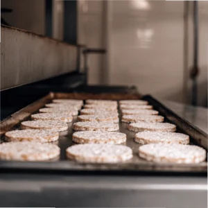 Baking sheet in an oven with rice cakes baking.