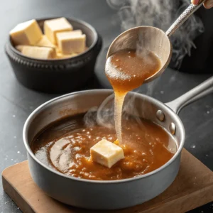 Caramel sauce bubbling in a small saucepan