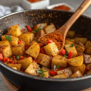 Diced potatoes and vibrant spices being added to a skillet.