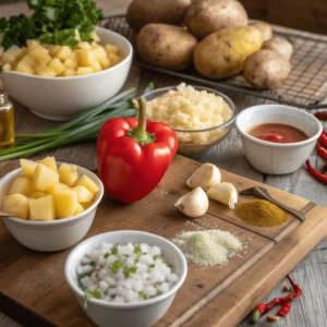 Ingredients arranged on a wooden countertop with chopped potatoes, onions, garlic, bell pepper and spices.