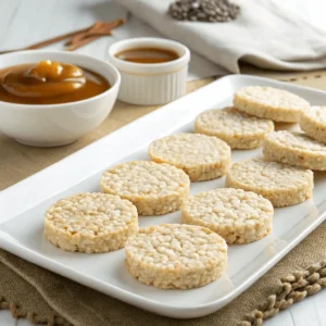 Rice cakes arranged on a plate, ready for caramel coating