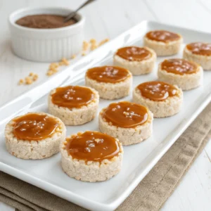 Rice cakes with glossy caramel sauce drizzled over them