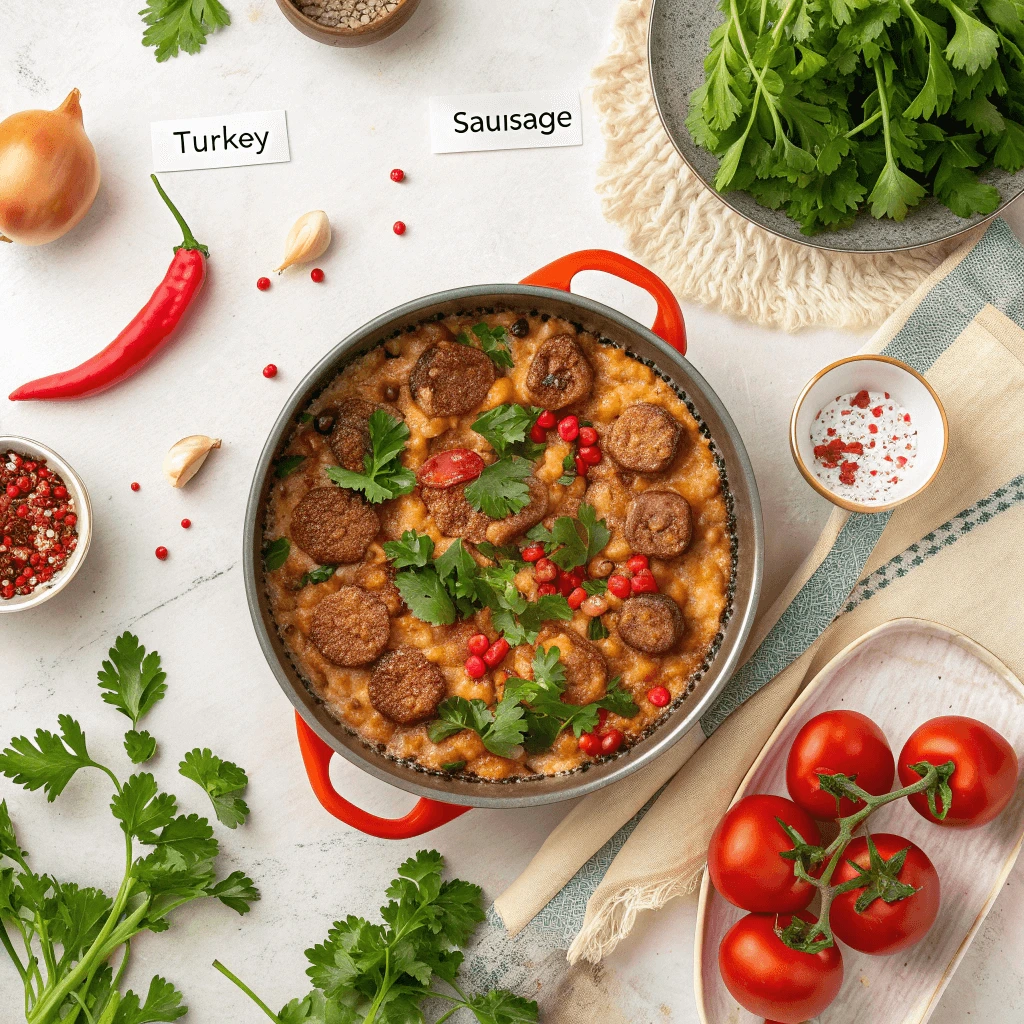 Overhead view of the finished dish garnished with fresh parsley, alongside alternative ingredients like turkey sausage and extra vegetables.