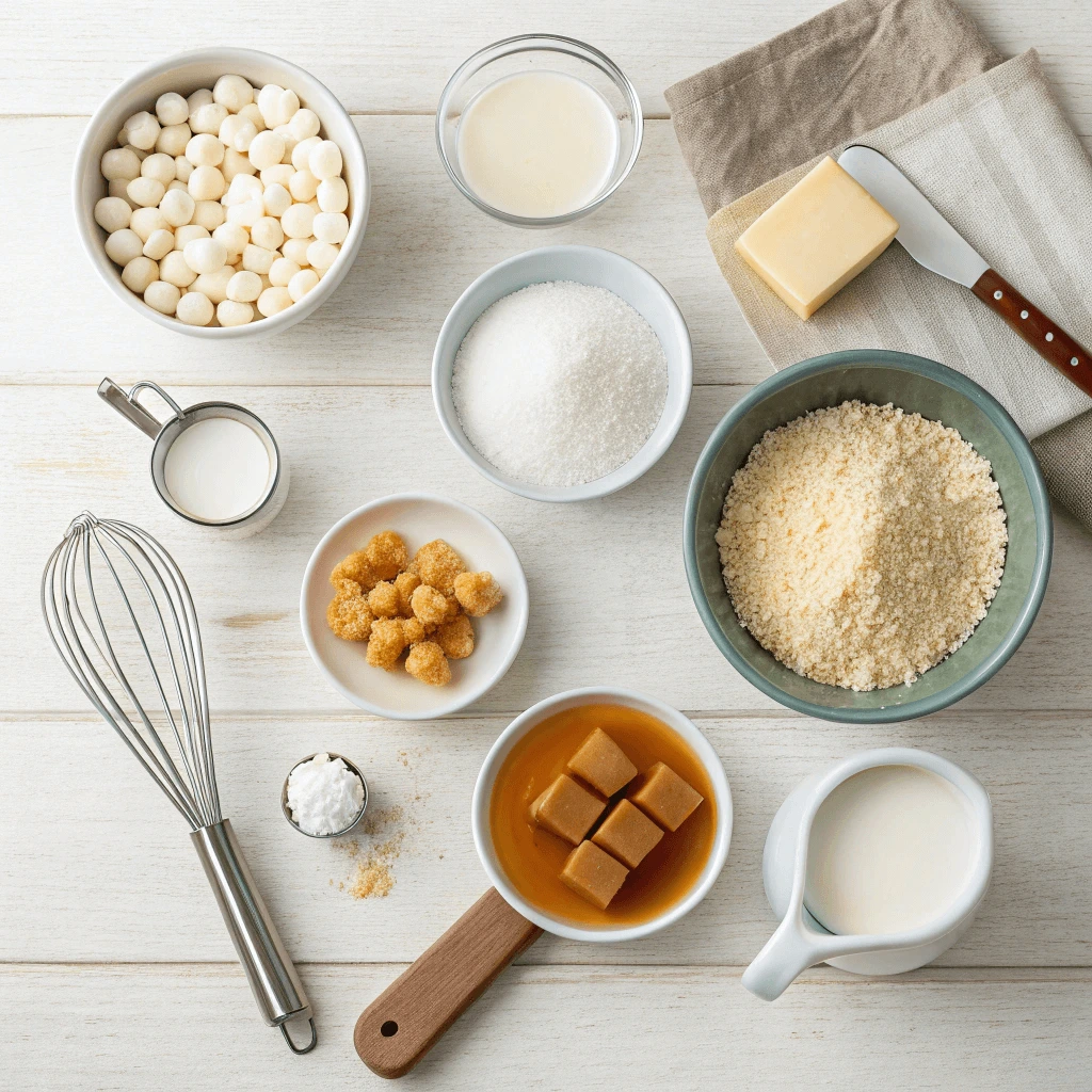 Essential ingredients and kitchen tools for caramel rice cake recipe.