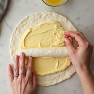 Overhead view of a hand spreading creamy cheesecake filling onto a flour tortilla, with another hand gently rolling it up; a small dish of egg wash is visible on the countertop under soft lighting.