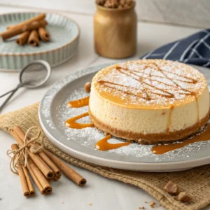 Chilled cheesecake garnished with caramel drizzle and powdered sugar.