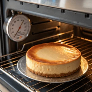 Cheesecake baking in a preheated oven with set edges and a jiggly center.