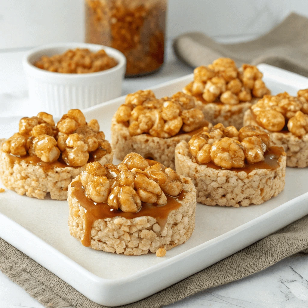 Close-up view of golden caramel corn rice cakes on a stylish platter, highlighting their crispy texture and glossy caramel coating.