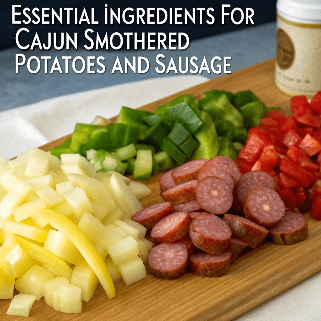 Diced onions, bell peppers, celery, sliced sausage, and cubed potatoes.