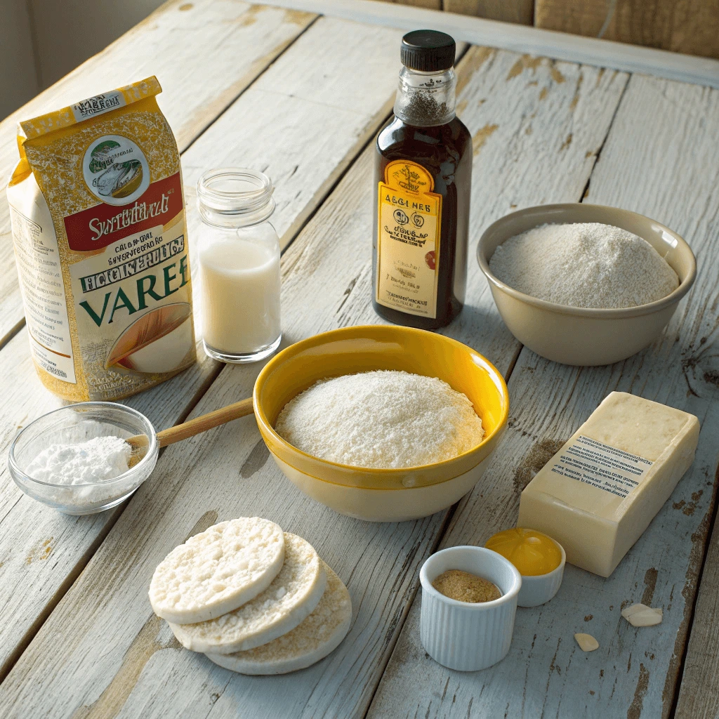 Neatly arranged ingredients for caramel corn rice cakes on a rustic wooden table.