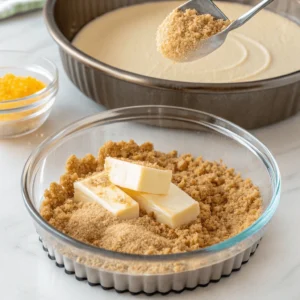 Mixing graham cracker crumbs, melted butter, and sugar for the cheesecake crust.