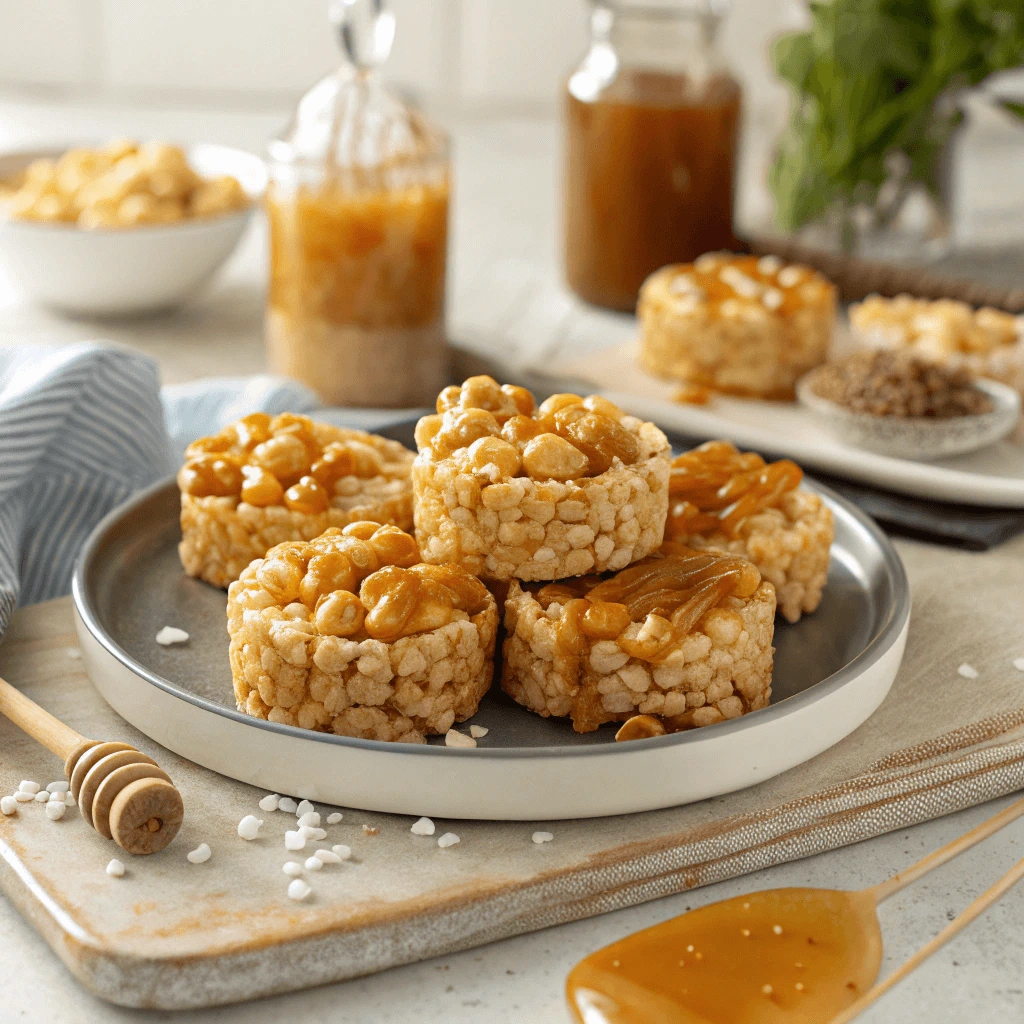 Elegant serving platter displaying caramel corn rice cakes with garnishes and a complementary beverage.