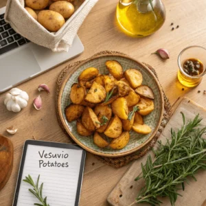 Modern kitchen scene featuring a plated dish of vesuvio potatoes with fresh herbs, ingredients, and a recipe card on a wooden countertop.