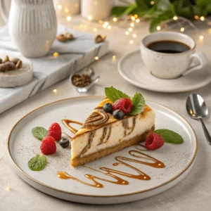 Slice of Cinnamon Roll Honeybun Cheesecake with visible layers and caramel drizzle on a rustic table.