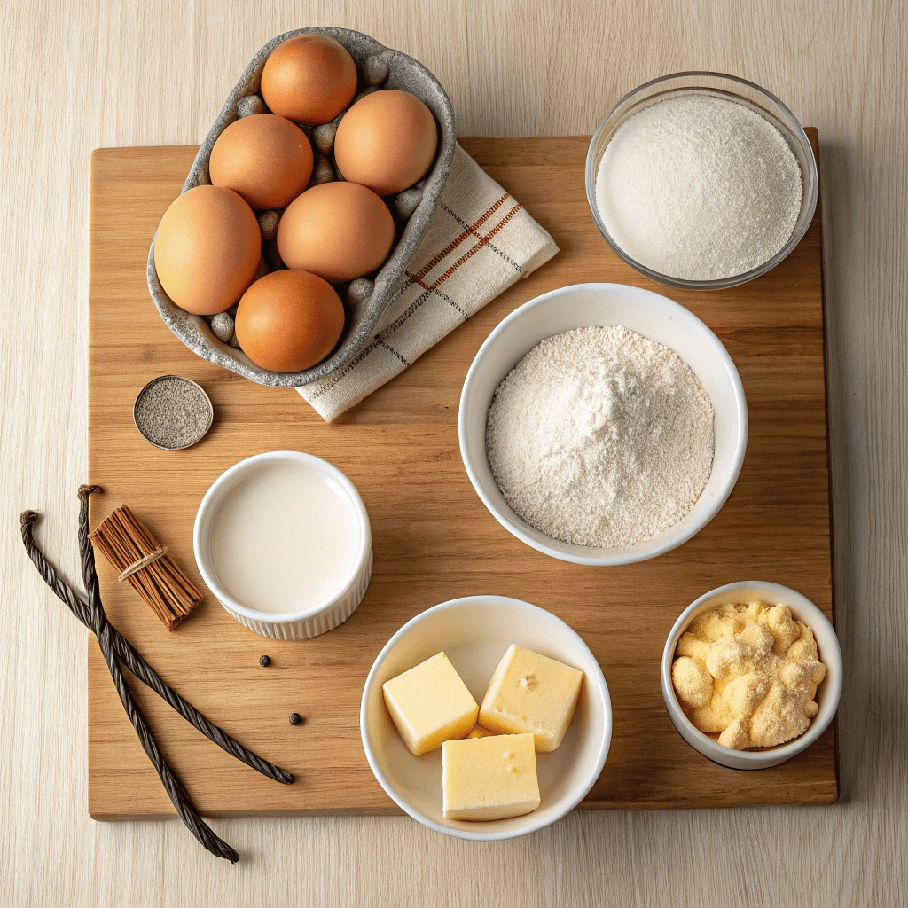 Neatly arranged ingredients on a wooden countertop, ready for a heart-themed dessert.