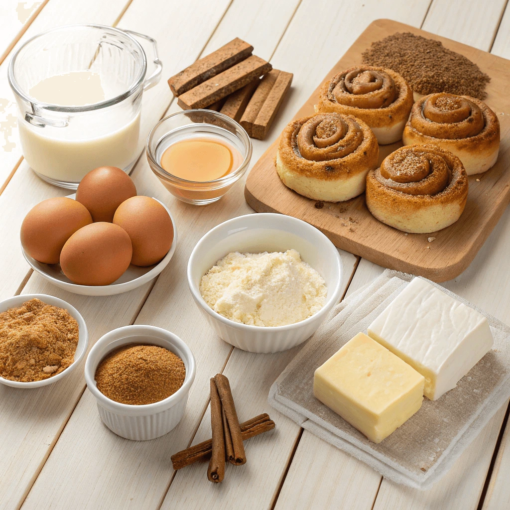 Assorted ingredients for Cinnamon Roll Honeybun Cheesecake arranged on a wooden countertop.