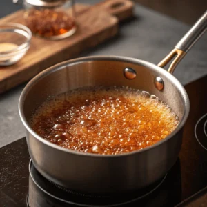 Sugar caramelizing in a saucepan with amber hues.