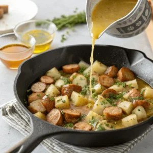 Chicken broth poured into skillet with sausage and potatoes.