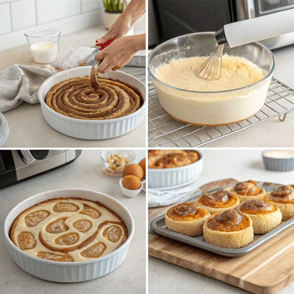 Collage illustrating step-by-step process for making Cinnamon Roll Honeybun Cheesecake.