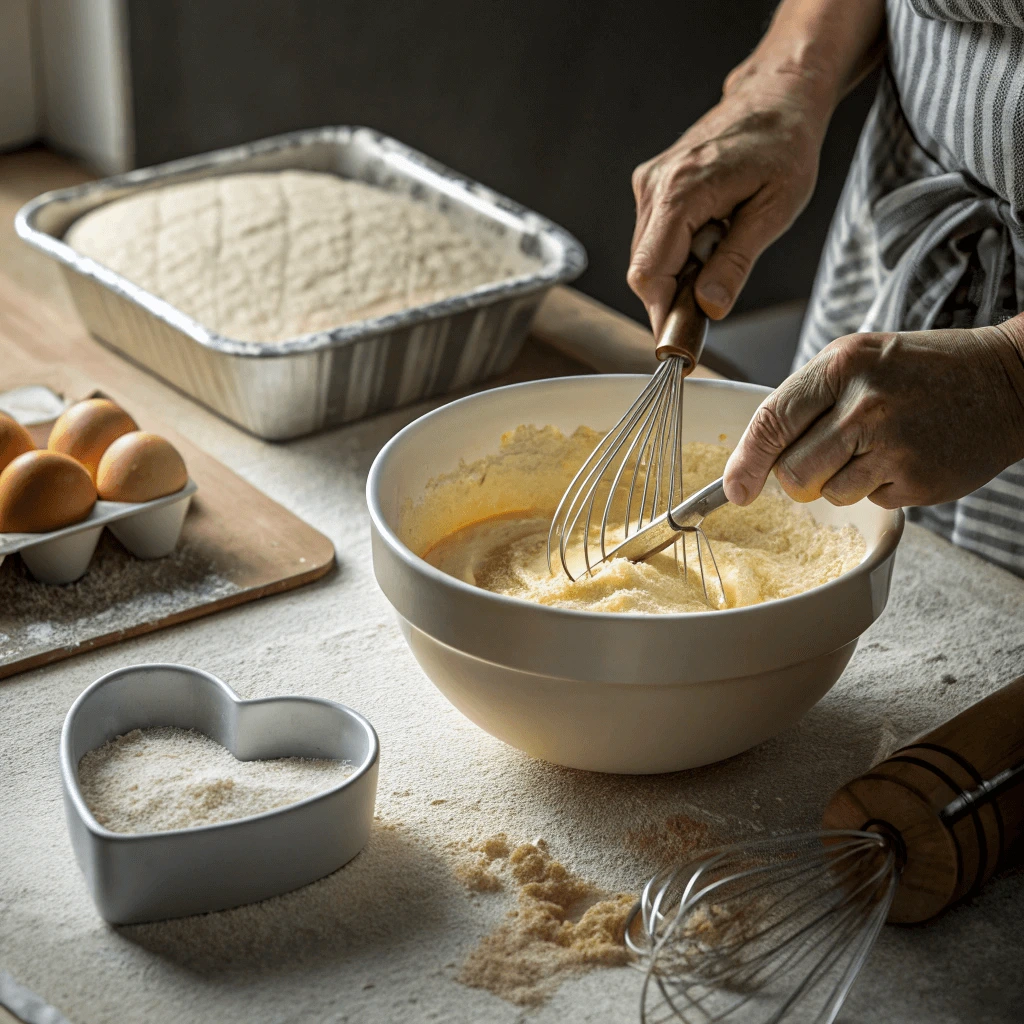 Baker’s hands mixing batter with a heart-shaped pan subtly visible in the background.