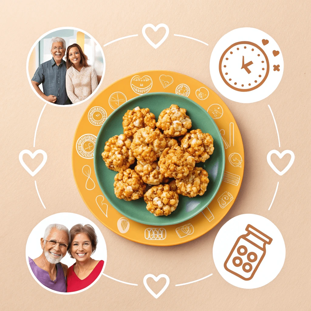 Collage of benefits with icons for health, speed, and family enjoyment, centered around caramel corn rice cakes.