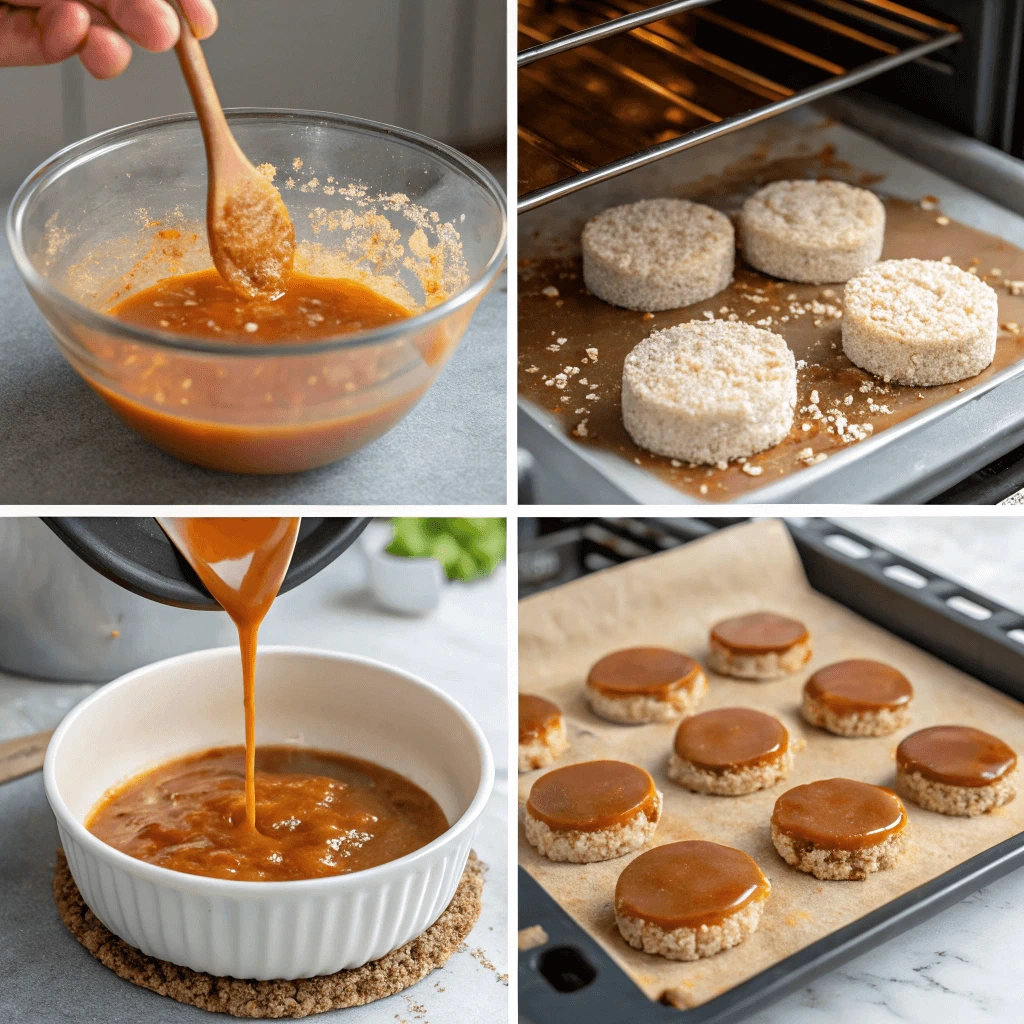 Step-by-step montage illustrating the process of making caramel corn rice cakes.