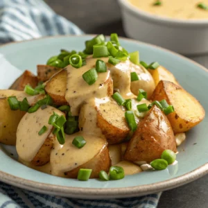 Finished Cajun smothered potatoes and sausage garnished with green onions.