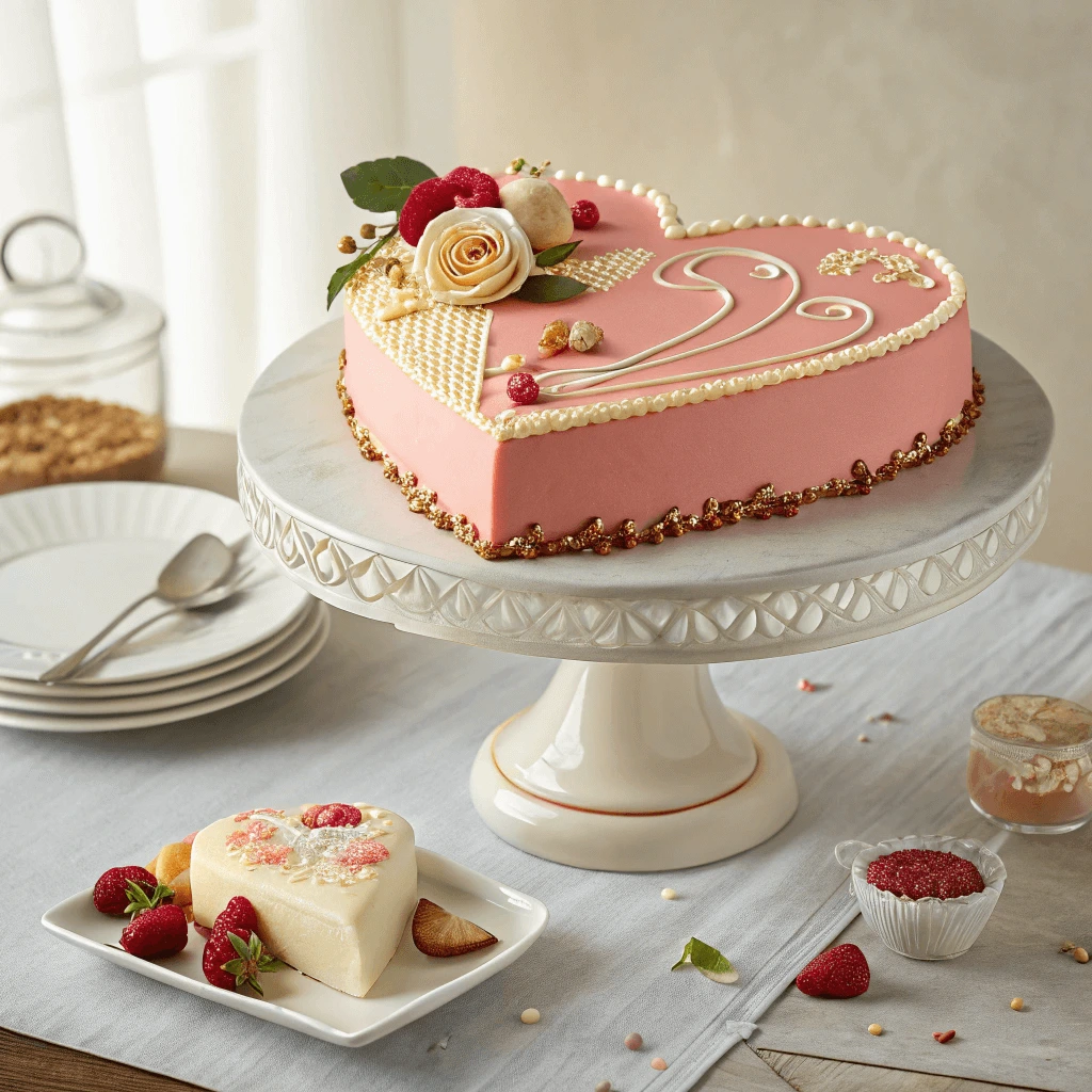 Realistic image of a beautifully decorated heart-shaped cake on a decorative plate.