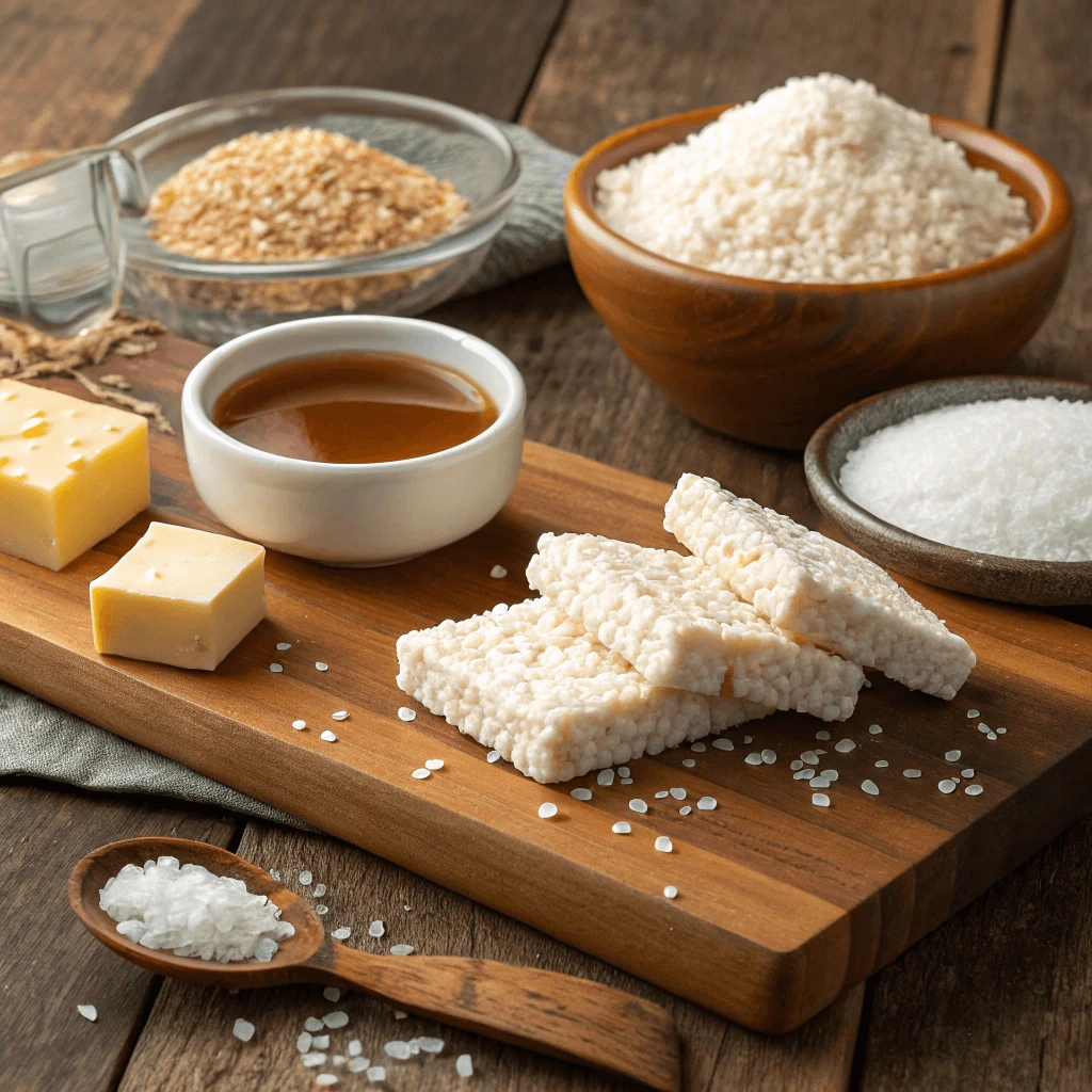 Close-up view of high-quality ingredients for rice cakes caramel arranged on a wooden countertop.