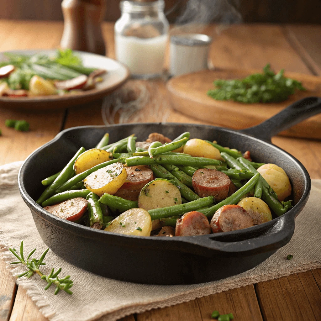 Rustic cast iron skillet filled with steaming smothered green beans with sausage and potatoes on a wooden table in a cozy kitchen.