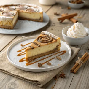 Close-up of a layered Cinnamon Roll Honeybun Cheesecake with caramel drizzle and powdered sugar on a rustic wooden table.