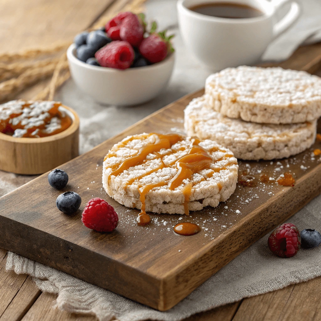 A plate of rice cakes caramel with glossy caramel sauce, powdered sugar, and fresh berries on a rustic wooden board.