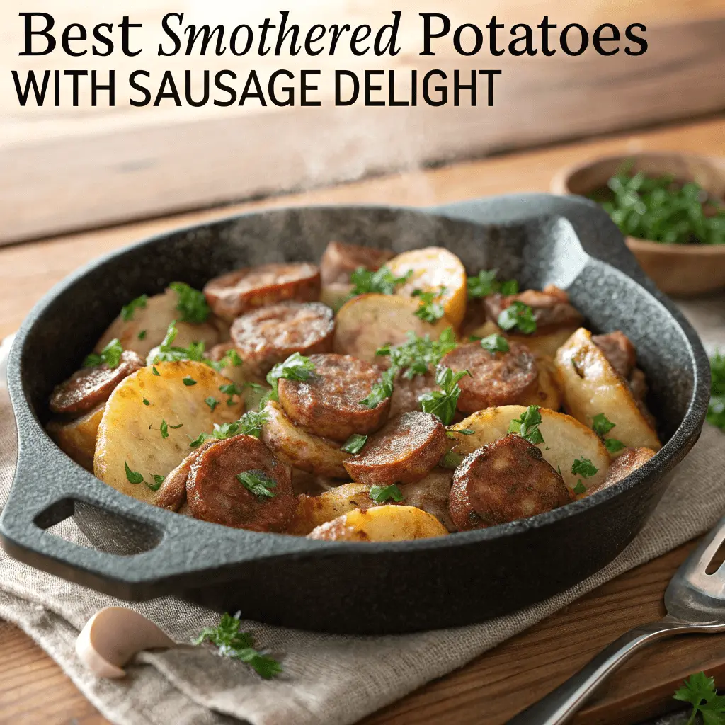 Realistic image of a steaming bowl of smothered potatoes with sausage in a rustic cast-iron skillet garnished with fresh herbs.