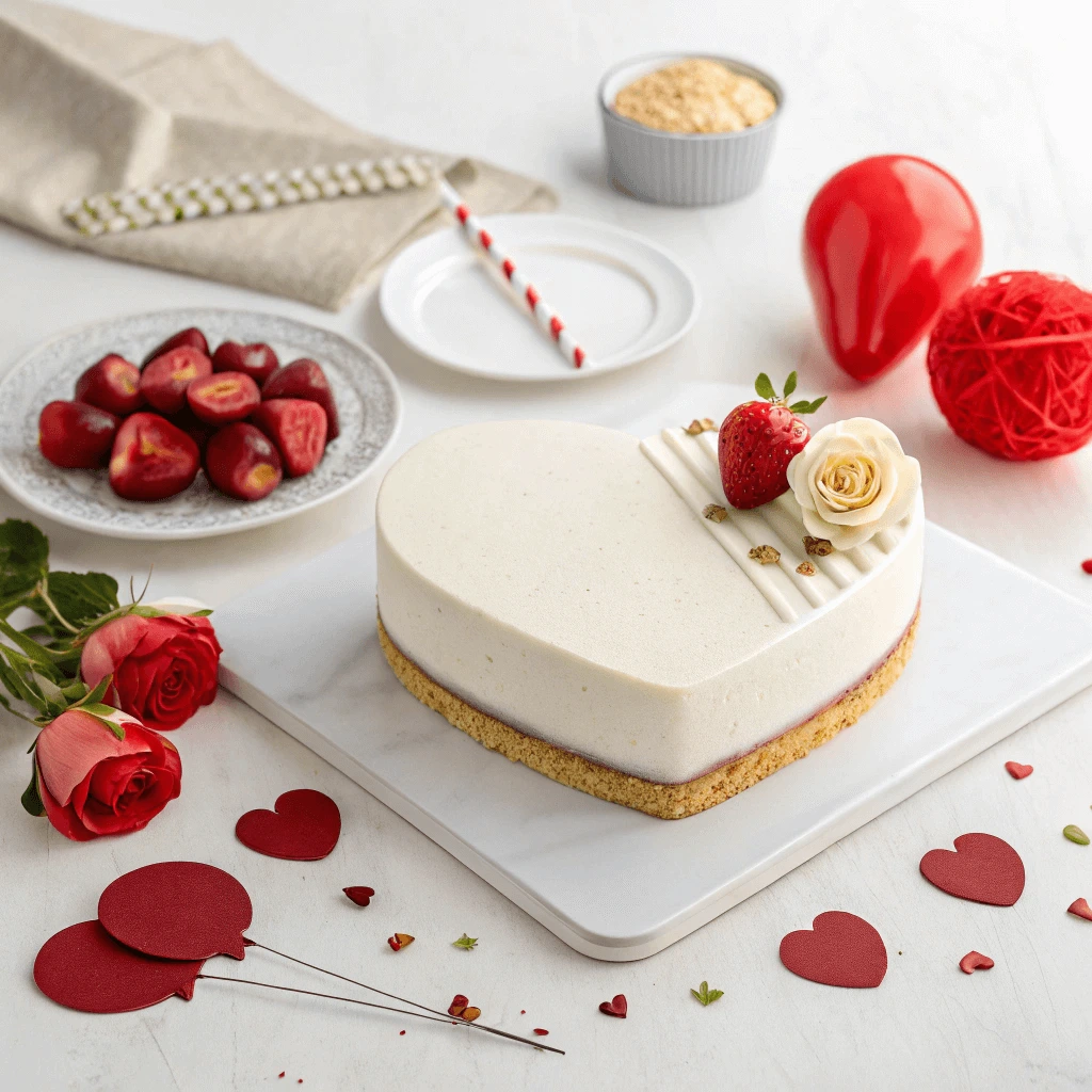 Heart cake on a white plate with symbols of health, romance, and celebration.