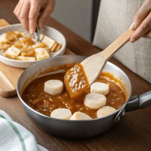 Folding rice cakes into warm caramel sauce.