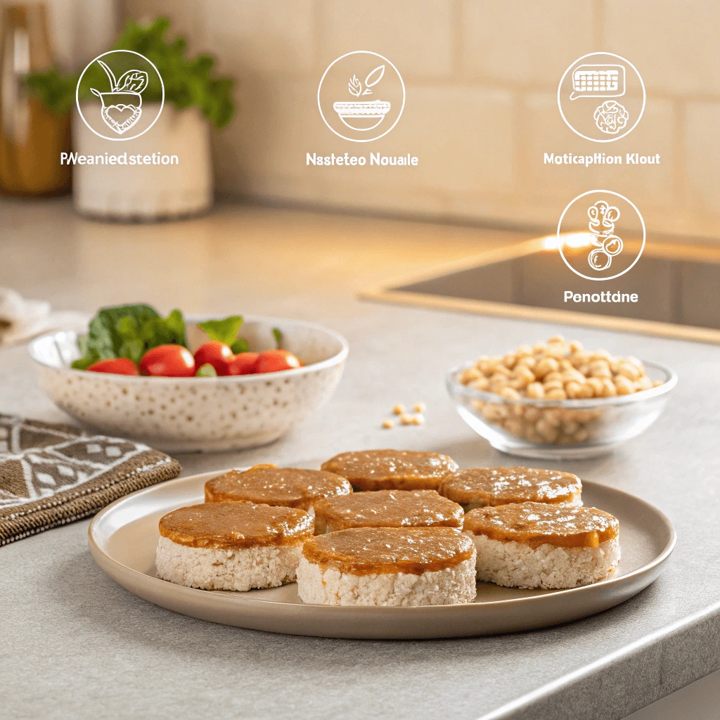 A plate of rice cakes caramel with overlay icons highlighting health, tradition, and versatility.