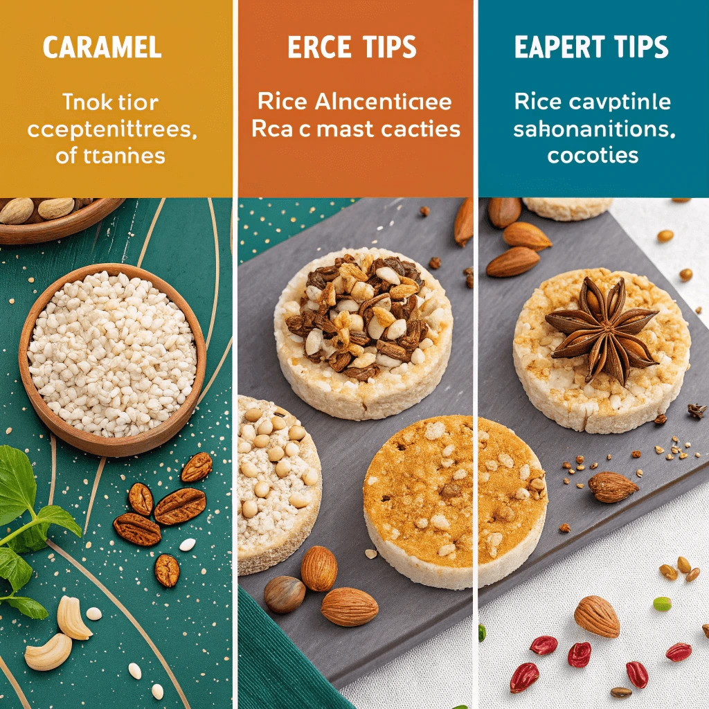 Creative variations of rice cakes caramel with added nuts, spices, and inventive garnishes.