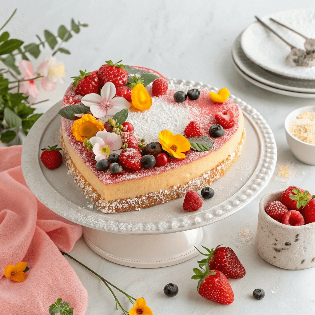 Heart cake on a white plate with symbols of health, romance, and celebration.