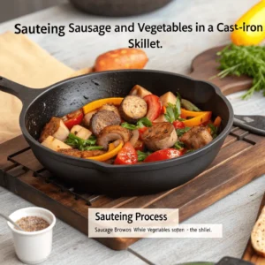 Sautéing sausage and vegetables in a cast-iron skillet.