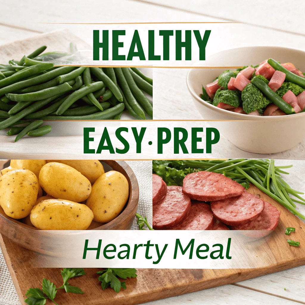 Collage of fresh green beans, tender potatoes, and sliced smoked sausage with benefit text overlays.