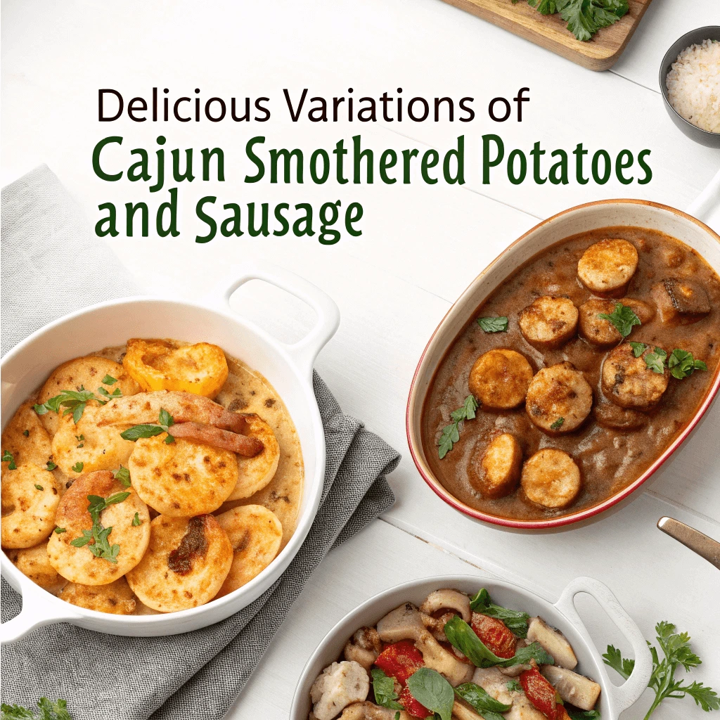 Variations of Cajun Smothered Potatoes and Sausage: with shrimp, with mushrooms, and a vegetarian version with tofu.