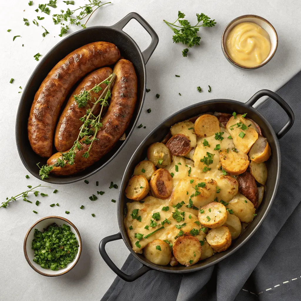 Split-screen image comparing traditional and modern variations of a dish featuring smothered potatoes with sausage, including cheesy toppings and alternative herbs.