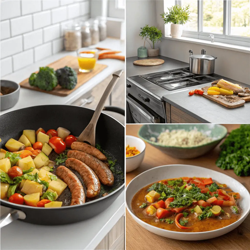 Collage of step-by-step instructions for smothered potatoes with sausage, showing chopping, browning, simmering, and final plating in a modern kitchen.