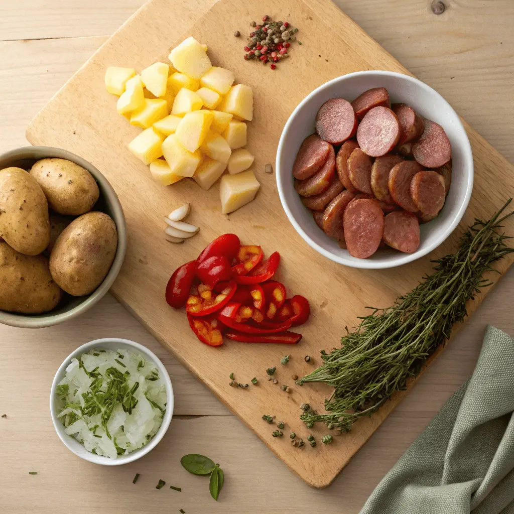 Flat lay of fresh potatoes and sausage with diced onions, bell peppers, garlic, and aromatic herbs on a wooden surface.