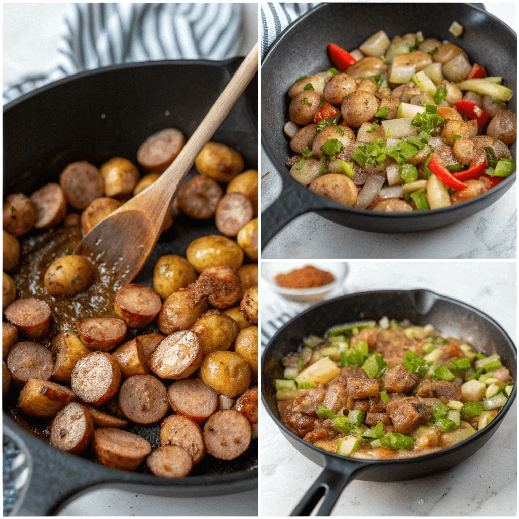 Cooking steps for Cajun Smothered Potatoes and Sausage: sautéing vegetables, browning sausage, adding potatoes, and simmering.