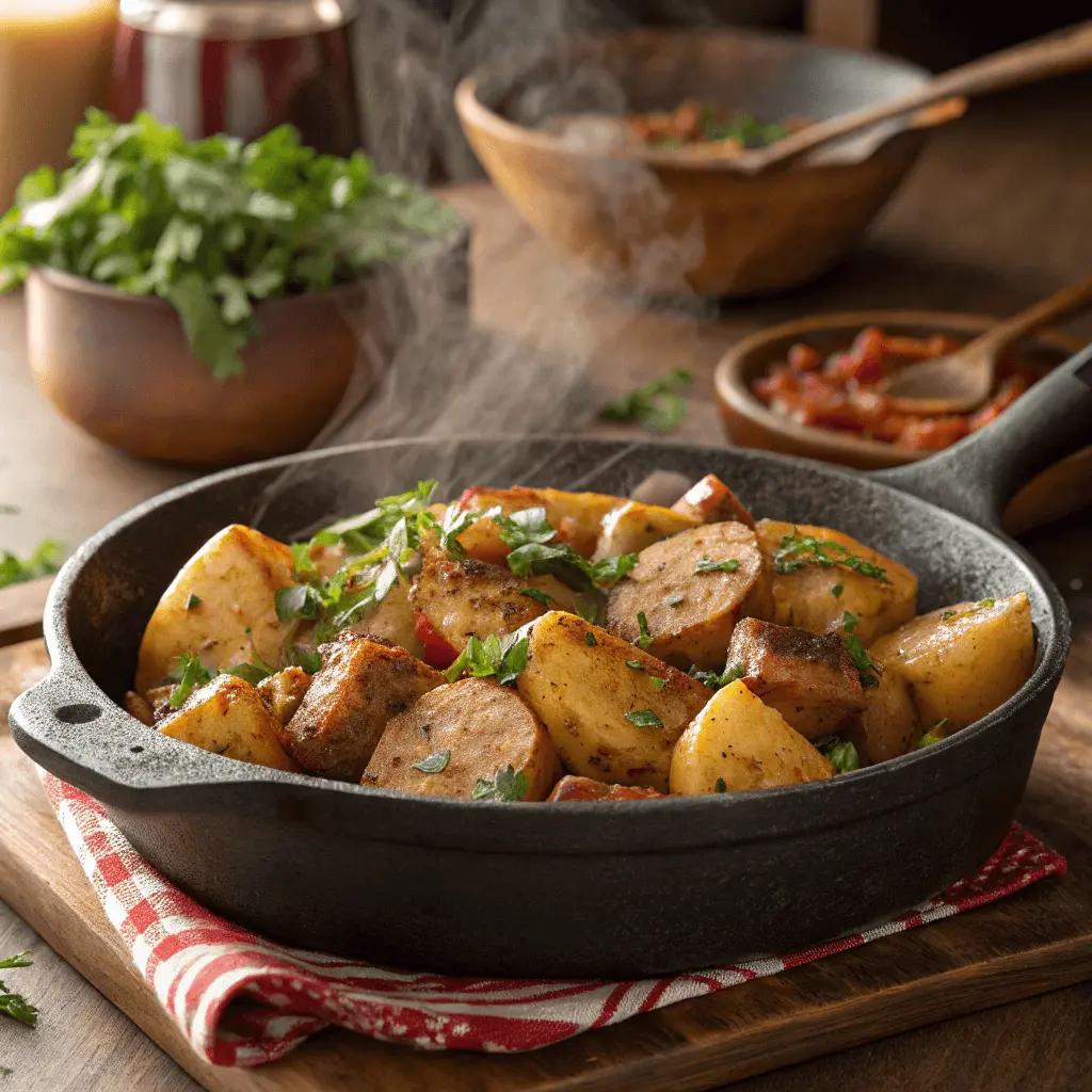 Steaming bowl of smothered potatoes and sausage in a rustic cast-iron skillet with fresh herbs.