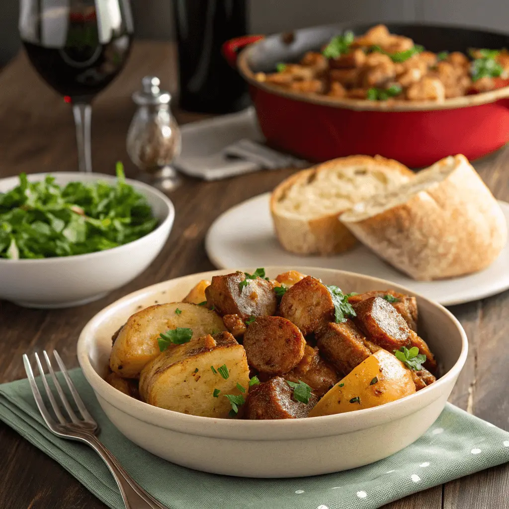 Elegant table setting featuring a serving of smothered potatoes with sausage, paired with a green salad, crusty bread, and a glass of wine.