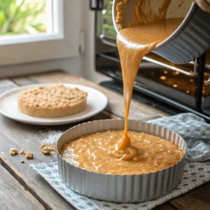 Transferring caramel rice cake mixture to a baking dish.